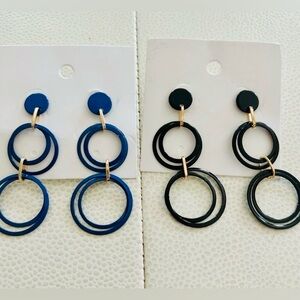 Circle Dangle Earrings Blue and Black Metal Set